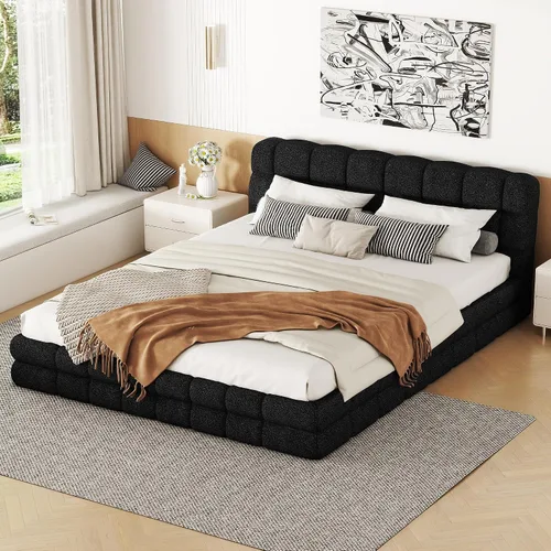 Vista 11 de KLMM Unique King Size Upholstered Platform Bed with Thick Fabric, Grounded Bed with Solid Frame,for Kids Teens Adults Bedroom Use (Black-TF, King)