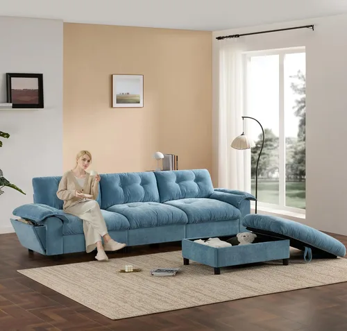 Vista 45 de Sofá modular moderno en forma de U de 115 pulgadas, juego de sofás tapizados grandes con asiento de almacenamiento, sofá cama convertible con diván