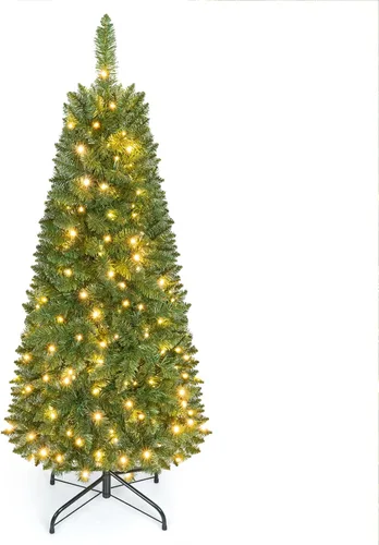 Vista 22 de GOFLAME Árbol de Navidad preiluminado de 5 pies, árbol de Navidad artificial con 180 luces LED, 10 modos de luz, 390 puntas de rama, soporte