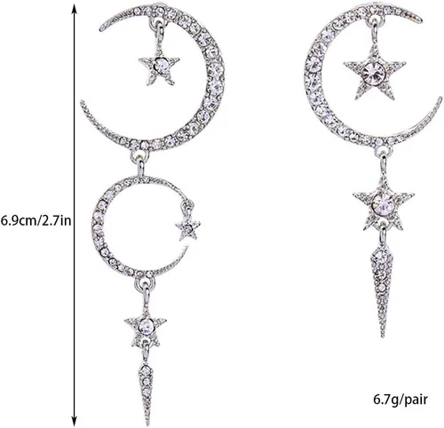 Vista 3 de Exaggerated - Aretes de gota con diseño de luna de sol y estrellas con diamantes de imitación punk, para mujer