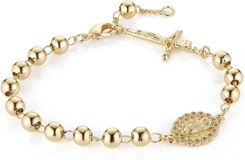 Vista 15 de HZMAN Pulsera de cruz con cuentas de rosario virgen de Guadalupe ajustable para mujer, regalo de joyería Cruz de Jesús y María