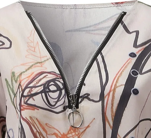 Vista 5 de FMCHICO Blusa de lino con cremallera suelta de manga 34 para mujer, con estampado de graffiti, dobladillo irregular, Beige