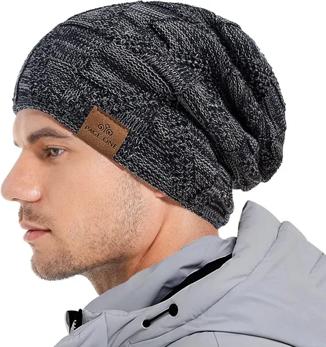 Vista 2 de PAGE ONE Gorro holgado de invierno para hombre, con forro polar cálido, gorro de cráneo holgado de punto trenzado
