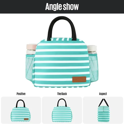 Vista 5 de douyadady Bolsa de almuerzo para mujeres/hombres, fiambrera mujeres/hombres (azul bebé+rayas blancas) Espacioso, ligero, impermeable, resistente