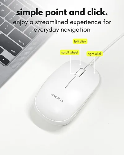 Vista 6 de Macally Ratón USB con cable para Mac y Windows, mouse simple de computadora con cable de 3 botones, diseño de rueda de desplazamiento con cable