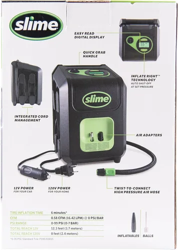 Vista 3 de Slime 40052 Inflador de neumáticos, enchufe portátil para automóvil y hogar, SUV, compresor de aire 4x4, apagado automático Inflate Right