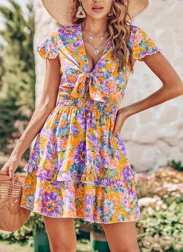 Vista 5 de PRETTYGARDEN Minivestido de manga corta con cuello en V y lazo frontal rojo para mujer