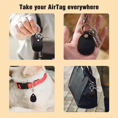 Vista 6 de Llavero de Airtag de cuero genuino, llavero portátil de Air tag con anillos para llaves, funda de cobertura oculta completa compatible con Airtag