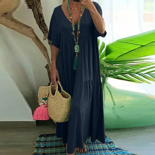Vista 2 de Vestido largo de gran tamaño para mujer, vestido largo de algodón y lino, vestido de playa holgado y holgado