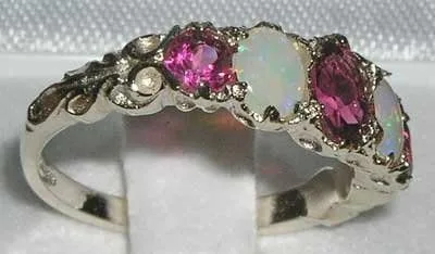 Vista 3 de Anillo de plata de ley 925 auténtica auténtica turmalina rosa y ópalo para mujer