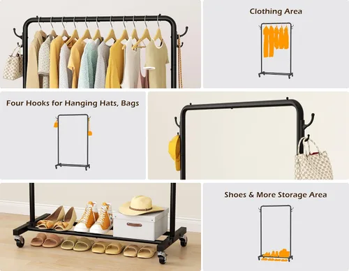 Vista 5 de HOMIDEC Clothes Rail, Metal Clothes Rack with 4 Side Hooks, Bottom Storage Shelf and Wheels, Heavy-Duty Clothing Rail Holds Up to 40kg, Clothes