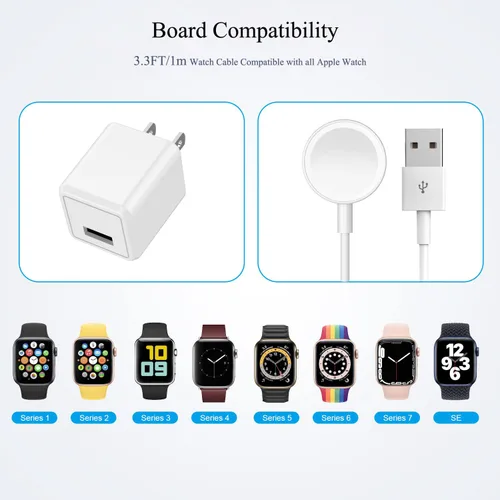 Vista 7 de Compatible con cargador rápido de reloj inteligente de 3.3 pies, cable de carga iWatch con cargador de pared USB, enchufe de viaje para cable