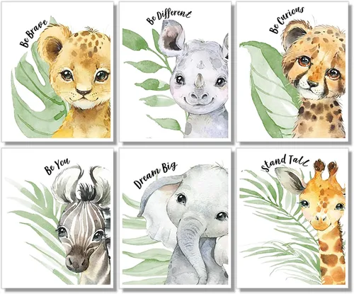 Vista 2 de Láminas de arte de pared de animales de safari para bebés - Decoración de guardería - Juego de 6-8x10 - Imágenes de habitación de guardería