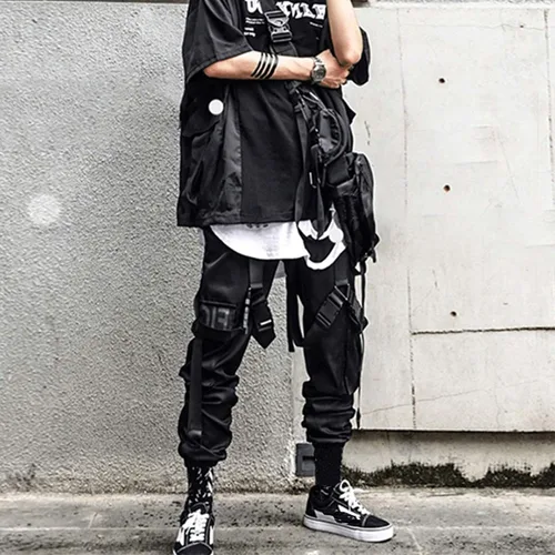 Vista 7 de XYXIONGMAO Ropa Techwear para hombre, pantalones de hip hop, ropa urbana negra, pantalones deportivos góticos, pantalones cargo tácticos para hombre