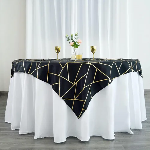 Vista 5 de Mesa cuadrada de poliéster de 54 x 54 pulgadas, color negro con diseño geométrico metálico dorado