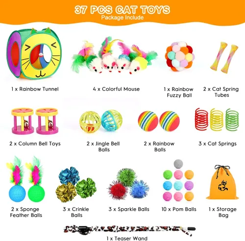 Vista 2 de 37 piezas de juguetes interactivos para gatitos de interior – Conjunto variado con túnel plegable tipo carpa, varita con plumas, cascabel, pelota