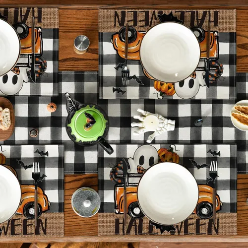 Vista 4 de Artoid Mode Buffalo - Juego de 4 manteles individuales espeluznantes de Halloween, 12 x 18 pulgadas, para decoración de fiestas, cocina, comedor