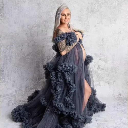Vista 6 de Bata de tul para mujer, vestido de maternidad para sesión de fotos, volantes hinchados, lencería nupcial, bata de baño, bufanda de boda con ilusión