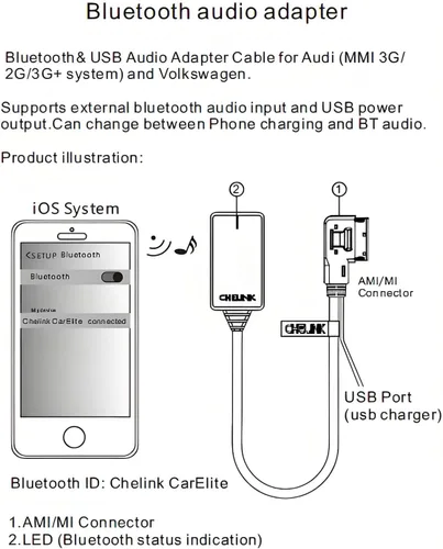 Vista 6 de Adaptador Bluetooth 5.0 Receptor de audio para Audi, AMI MMI Bluetooth Kits de coche Cable de interfaz de música, adaptador de cable de interfaz