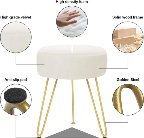 Vista 7 de Reposapiés de terciopelo suave y moderno, reposapiés redondo, otomano, con patas de metal dorado y relleno de esponja, reposapiés tapizado, sala