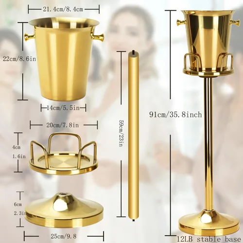 Vista 6 de Cubo de hielo con soporte de acero inoxidable para Navidad, cubo de hielo, cubo de vino en rejilla, cubo de hielo dorado champán para vino, cerveza