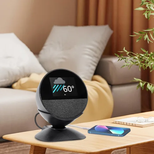 Vista 5 de Soporte ajustable para Echo Spot (versión 2024) y Homepod Mini con puertos de carga USB-C y USB-A, base giratoria de 280 grados y almohadilla