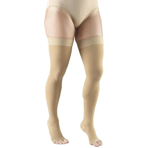 Vista 2 de Truform - Medias de compresión 20-30 mmHg para hombres y mujeres, longitud hasta el muslo, parte superior con lunares, punta abierta, color beige