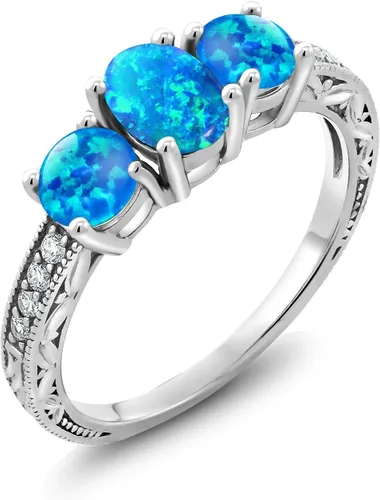 Vista 65 de Gem Stone King Anillo de compromiso de 3 piedras preciosas de oro blanco de 10 quilates con piedra natal y diamantes cultivados en laboratorio