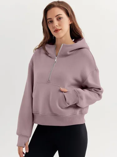 Vista 2 de Trendy Queen Sudaderas con capucha para mujer, con cremallera de un cuarto, sudaderas de gran tamaño, media cremallera con bolsillos, ropa de otoño