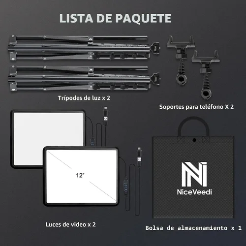 Vista 8 de Paquete de 2 luces LED de video, luz NiceVeedi Studio, kit de iluminación regulable de 2800-6500K para fotografía con soporte de trípode y soporte