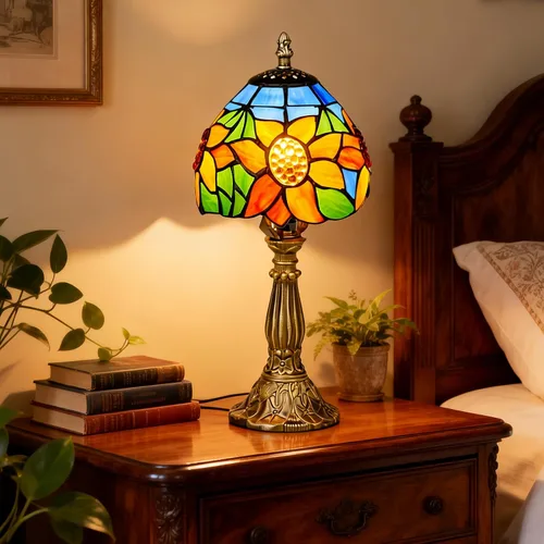 Vista 24 de Lámpara de mesa pequeña estilo Tiffany, lámpara de vidrio teñido antiguo de 5 pulgadas, lámpara de mesa de noche para escritorio, para dormitorio