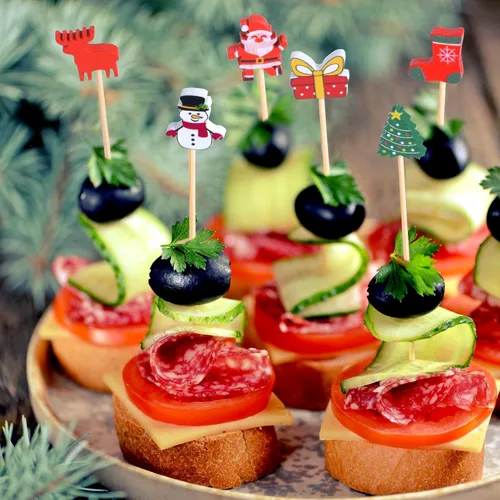 Vista 6 de JtmyAota 100 unidades de palillos de dientes de Navidad para aperitivos, palillos de cóctel de bambú natural de 4.7 pulgadas para decoración