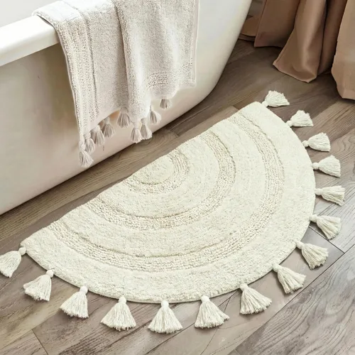 Vista 13 de KOEXM - Alfombra de baño de medio círculo con borlas, 100% algodón Alfombras de baño tejidas a mano, antideslizantes, absorbentes, lavables a