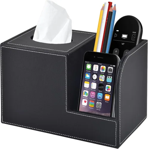 Vista 9 de Funda de caja de pañuelos de cuero PU cuadrada, Soporte de caja de pañuelos multifuncional, Caja de pañuelos con almacenamiento, Soporte de pañuelos