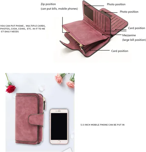 Vista 3 de Billetera para mujer, monedero esmerilado para mujer, multifuncional, larga, tarjetero, bolsa de viaje con cartera larga, Rosado, Cartera larga