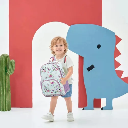 Vista 7 de Mochila escolar para niños y niñas, mochila escolar para preescolar y jardín de infantes, bolsas de guardería, púrpura, ((Butterfly-Purple)