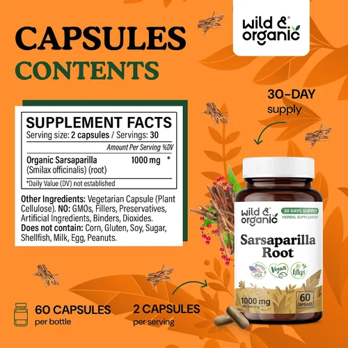 Vista 3 de Wild & Organic Cápsulas de raíz de zarzaparrilla, apoyo para la piel y la desintoxicación, suplemento de raíz de zarzaparrilla de 1000 mg, 30 días