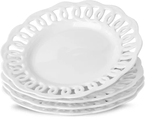 Vista 8 de Juego de 4 platos de cena de 10 pulgadas con borde de encaje, nuevos platos redondos de porcelana color hueso con diseño único de ahuecamiento