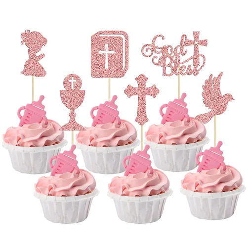 Vista 10 de Gyufise 24 decoraciones doradas para cupcakes con purpurina de Dios bendiga y cruz para baby shower, decoración para baby shower, fiesta