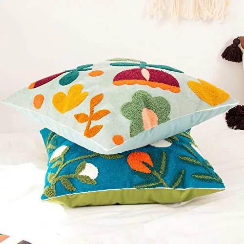 Vista 2 de MOCOFO Funda de almohada de lona bordada con flores, bordado de primavera, artesanía, moderna, simple, funda de almohada para sofá, dormitorio