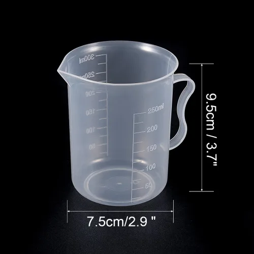 Vista 3 de uxcell Taza de medición 10.1 fl oz PP plástico graduado vaso de precipitados transparente con mango para líquidos de cocina de laboratorio 3 unids