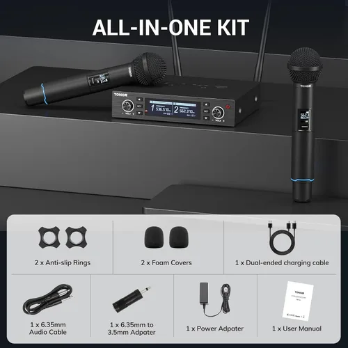Vista 8 de TONOR Sistema de Micrófono Inalámbrico, Escaneo Automático y Emparejamiento Micrófono Inalámbrico Recargable Profesional, Set de 2x100 UHF