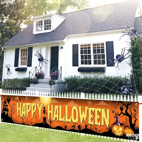 Vista 8 de Katchon - Pancartas de feliz Halloween para exteriores, 120 x 20 pulgadas Naranja