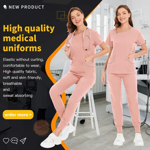 Vista 4 de niaahinn Conjuntos de uniforme médico para mujer, uniforme de enfermera, camiseta y pantalón deportivo, traje de trabajo de manga corta, diseño