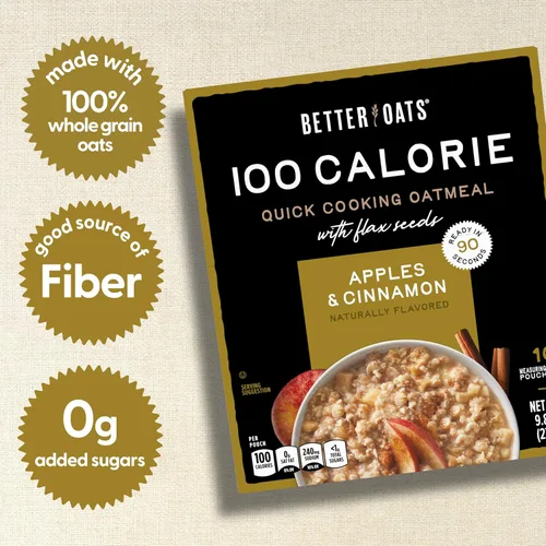Vista 5 de Better Oats Paquetes de avena de 100 calorías de manzanas y canela, desayuno instantáneo con semillas de lino y sabor natural de manzana y canela
