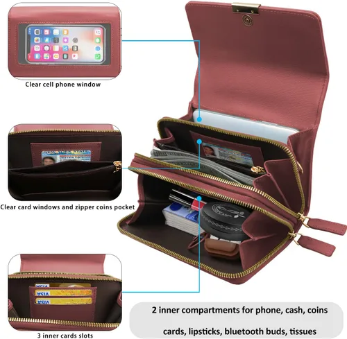Vista 4 de LITOON Bolsas cruzadas con pantalla táctil, bolsillo con cremallera para ventana para teléfono celular, tarjetero con bloqueo RFID, bolsa