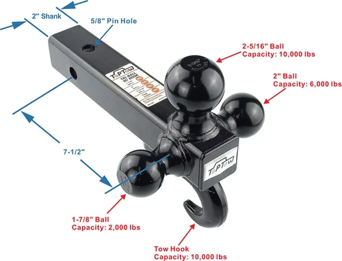 Vista 2 de TOPTOW Enganche de remolque de montaje de tres bolas con gancho, bolas negras, con cerradura, se adapta a receptor de 2 pulgadas
