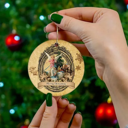 Vista 4 de Adorno de Navidad de cerámica con diseño retro de dos lados impresos, novedad para familiares, amigos, niños, textura de papel vintage, colgantes