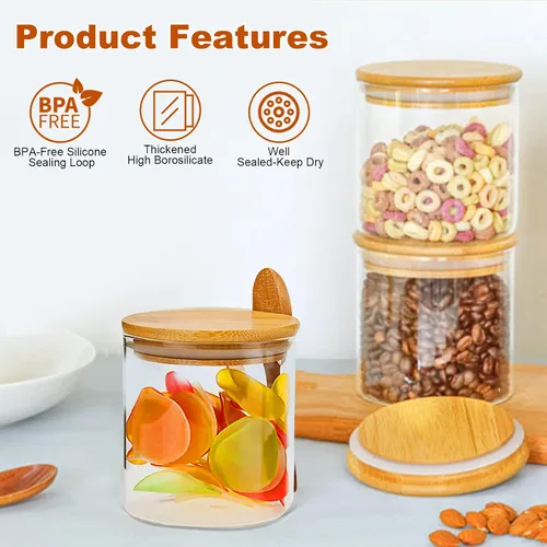 Vista 3 de Tarro de vidrio con tapas de bambú, recipientes de avena durante la noche con tapas, recipientes de vidrio para almacenamiento de alimentos