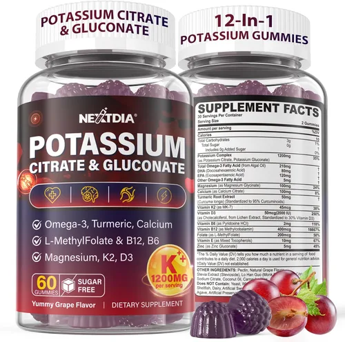 Vista 9 de Suplemento de citrato de potasio y gluconato de potasio, 1200 mg Dos formas de gomitas de potasio, con magnesio, Omega-3, calcio, vitamina D3 K2 B12